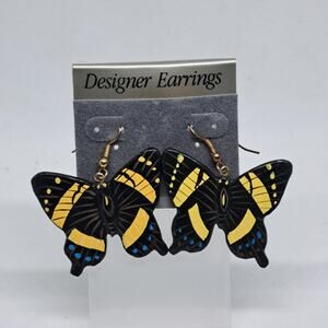 80's Handmade Handpainted Wood Black Yellow Butterfly dangle pierced earrings
